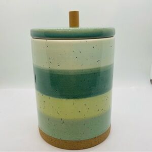Bloomingville Striped Green Cream Yellow Canister With Lid And Wood Knob 6.5” T